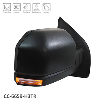 1321 | 2016-2018 FORD F-150 RT Mirror outside rear view Std Type; Power; Heated; w/o BLIS; w/Spot Lamp; Fixed; From 1-30-16; Black | FO1321524|FL3Z17682DC
