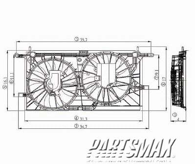 3115 | 2001-2005 PONTIAC AZTEK Radiator cooling fan assy 3.4L|3.5L; Std Duty Cooling; Motor/Blade/Shroud Dual Fan Assy; see notes | GM3115136|10427838-PFM