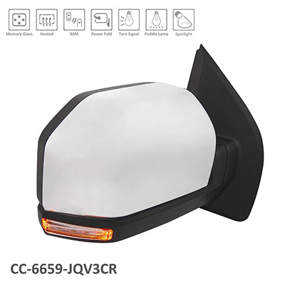 1321 | 2015-2018 FORD F-150 RT Mirror outside rear view Std Type; w/BLIS; w/Mem; w/o Camera; w/Spot; Pwr-Fold; Chrome | FO1321529|FL3Z17682NB